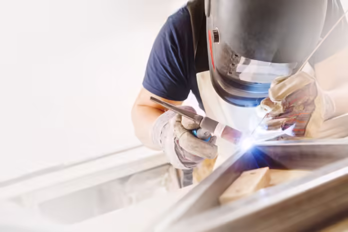 Male in face mask welds with argon-arc welding